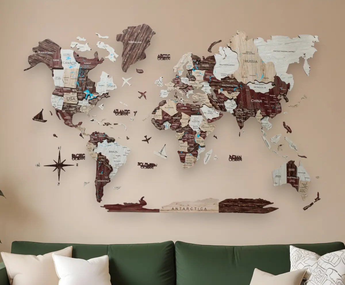212 MAIN XL 1-Piece Artistic Dimensional Wooden World Map Sculpture - Hangable Wall Decoration, 47x79in Brown & Beige Horizontal Home Decor for Room & Lounge Supplies, Colorful Accent Piece