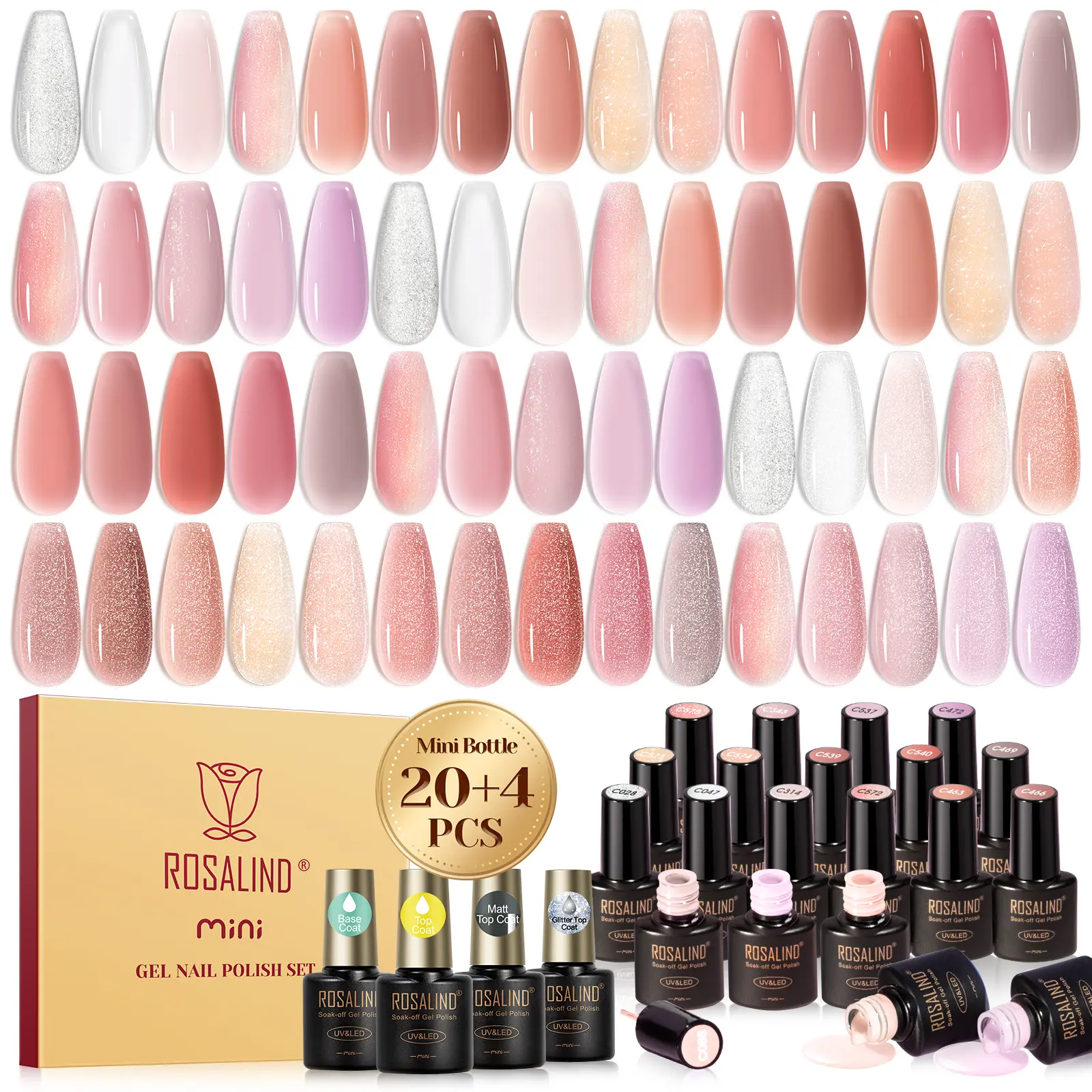 ROSALIND 24Pcs Gel Nails Kit-20 Color Mini Gel Nail Polish Set with 4Pcs Base & Top Coat Varnishes, UV Lamp-Required Pastel, Pink, Peaches, Shimmery & Jelly Colors for All Occasions Nail Art Supplies