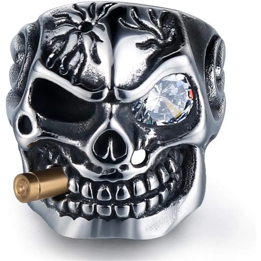 Men's Vintage Stainless Steel Gothic Skull Smoking Bullet Biker Cocktail Party Rings
