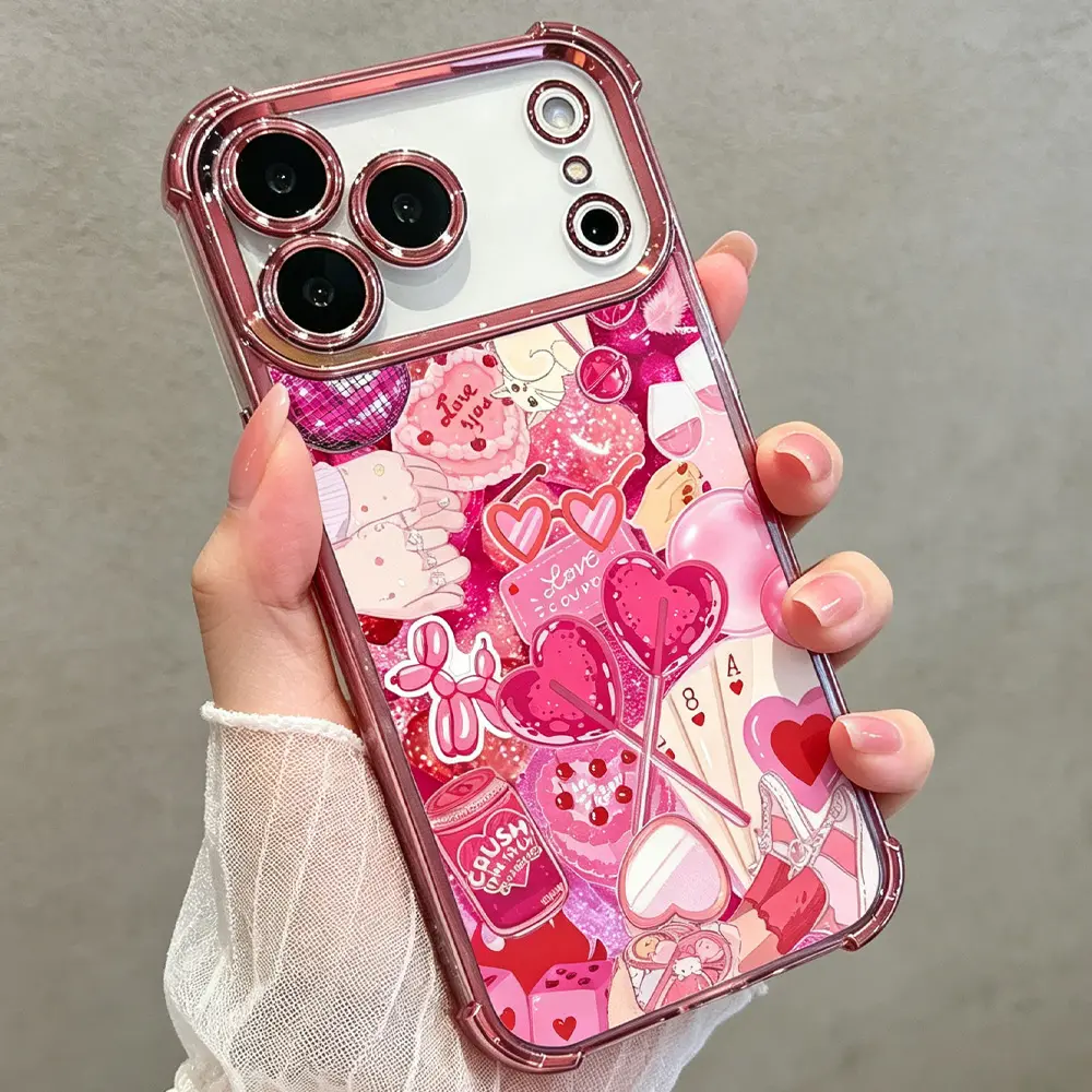 Pink Heart Flower Phone Case for iPhone 18 17 16 15 14 13 12 11 Pro Max Plus Air, beautiful Cute Shockproof TPU Protective Cover DDSJ260706008