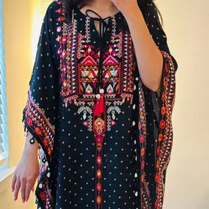 Luxury Black Hand Embroidered Kaftan Set 2-Piece Digital Print Flowy Modest Ethnic Wear for Women