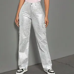 Women's Rave Metallic Gold PU Leather Cargo Pants - Stretchy Fabric, Flap Pockets, Straight Leg, Bling Clubwear Trousers Fit Womenswear Bottoms Day Casual Zipper Fly Mid Waist Long Length Minimalist Fitted