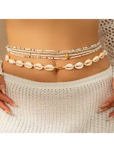Boho Shell Pendant Necklace Set, Multi-Layer Pearl Waist Chain, Handmade Elastic Body Chain, Summer Beach Fashion, Beach Fashion Jewelry