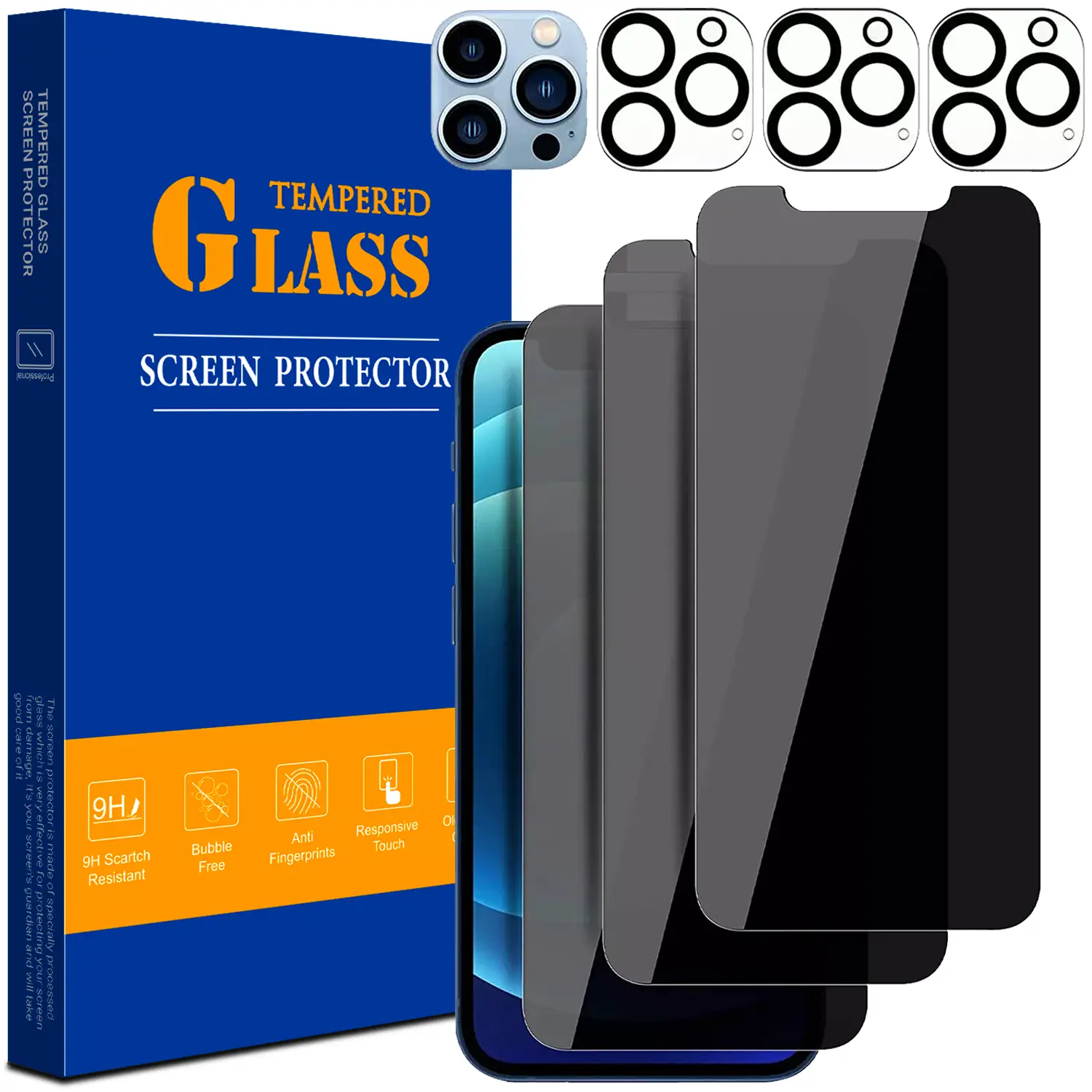 3 Pack Privacy Screen Protector with 3 Pack Camera Lens Protector For iPhone 17 16 15 14 13 12 11 Pro Max Tempered Glass Privacy Screen Camera Protect