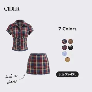 Cider Cotton Plaid Collar Short Sleeve Blouse & Mid Rise Lace Trim Bowknot Mini Skirt Set