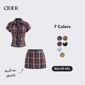 Cider Preppy Plaid 2 Piece Skirt Set - Cotton Short Sleeve Blouse & Lace Trim Bowknot Mini Skirt with Built-in Shorts, Coquette Aesthetic Casual School Outfit for Summer Spring, Regular Fit
