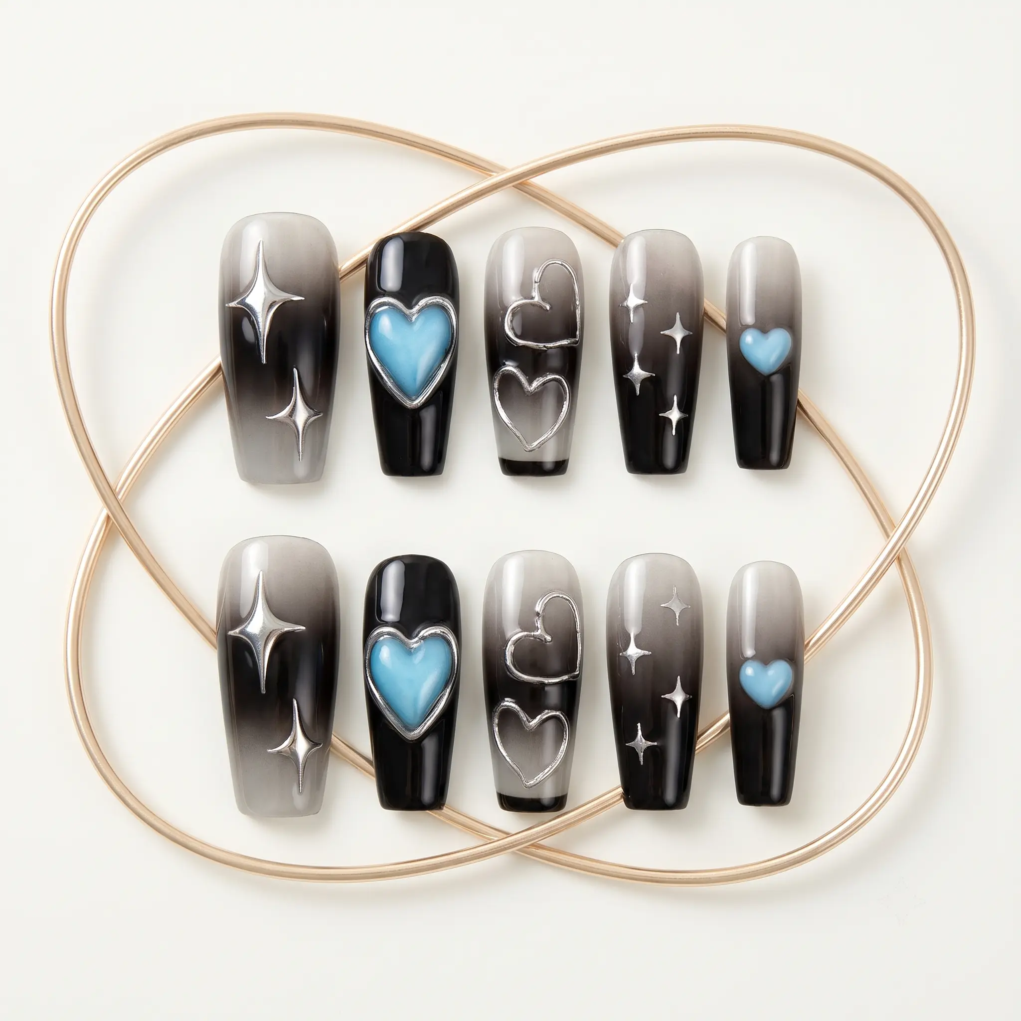 3D Metallic Black Ombre Press-On Nails, Long Coffin with Chic Star & Heart Design, Glamorous Salon-Quality Reusable Set with Glue & File
