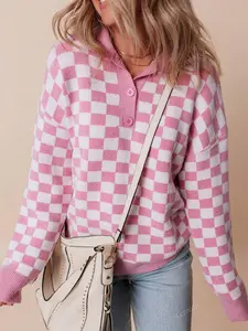 Autumn Winter New Plaid Knit Sweater Polo Collar Loose Long Sleeve Top Women Elegant Comfortable Oversized Pullover