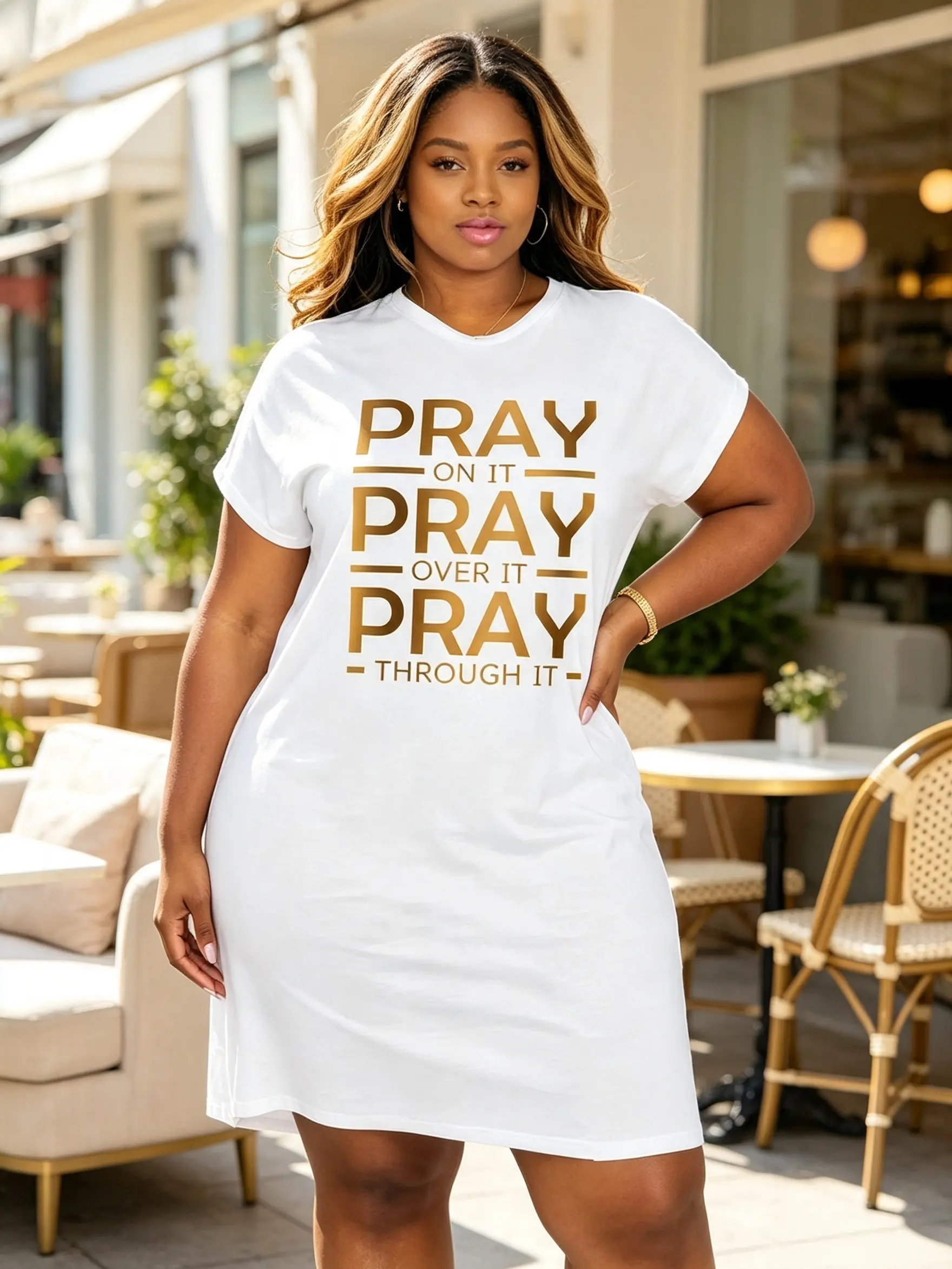 Plus Size Women's Prayer Graphic T Shirt Dress, Casual Short Sleeve Loose Fit Tunic Dress with Golden Letter Print, Stretchy Comfortable Everyday Summer Dress