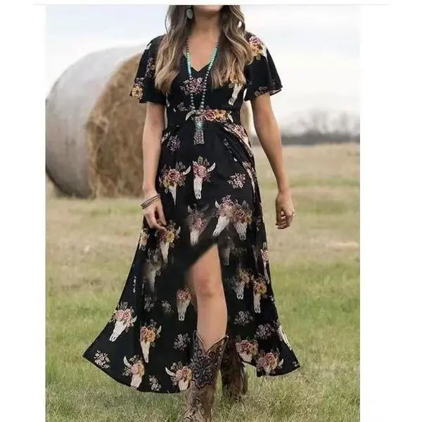 Women's Western Casual Wear Short-Sleeve Loose Maxi Split Dress, Lady's Bull Head All Over Print Summer Black Sports Dress, Shortsleeve, Western Dresses
