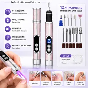 Electric Nail Drill - Low Noise Rechargeable with 12 Bits,Electric Portable Nail Drill Kit - for Home Salon Travel Toenail Fingernail Shaping Polishing Buffing