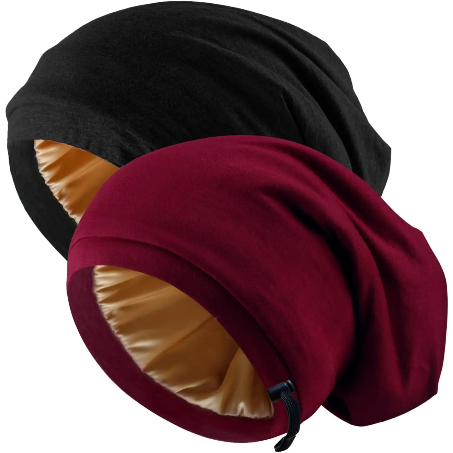 2 Pack Adjustable Satin Lined Sleep Cap, Slouch Beanie Bonnet for Women & Men, Protective Night Hat for Daily Haircare, Smooth