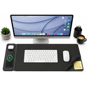Triple C Tech Wireless Charging Desk Mat – 15W MagSafe Compatible & Qi Fast Charger, Detachable Magnetic Charger, Dual-Layer PU Leather with Hidden Felt Storage, 30.7" x 14.6", Black
