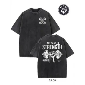 vintage Unisex heavyweight 230g pure cotton T-shirt - 'Not by my strength, but by His' double-sided printed cross and dumbbell pattern,