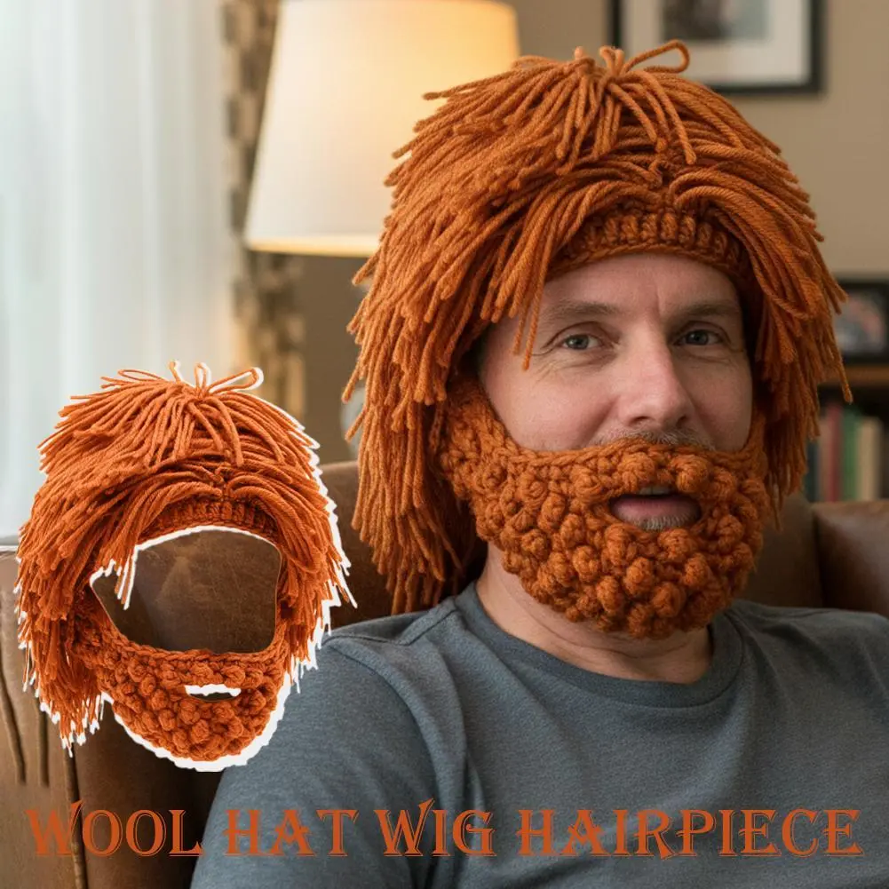 Punk Style Wool Integrated Wig & Beard Knitted Hat - Handmade Chunky Yarn Clothes Accessory, Adjustable Expandable, Stretchy, Thermal, Full Coverage Warm Cap, Cartoon Costume/Fantasy Cosplay Hat for Winter Costumes, Chunky Yarn Hats