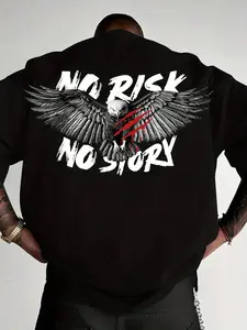 Black Cotton Men's T-Shirt 180g Pure Cotton Men's Sport Casual No Risk No Story Eagle Wings Graphic Design For Everyday Wear And Outdoor Activities Perfect Gift For Him
