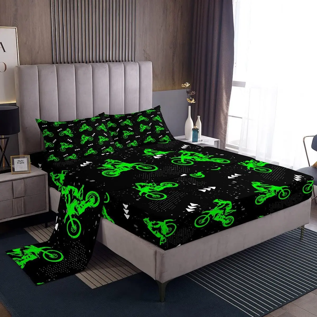 Feelyou Dirt Bike Bedding Set - Microfiber Bed Sheet, Soft Breathable Lightweight Cool Sports Theme Fluorescent Green Easy-Care Fitted Sheet for Motocross Riders, Soft Breathable Sheet