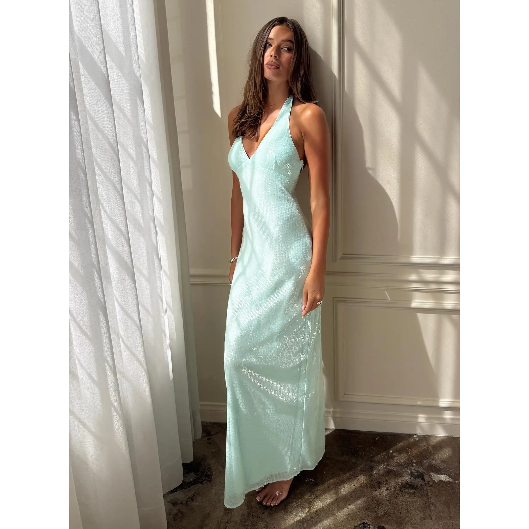 Isanna Halter Sequin Maxi Dress Jelly Mint