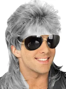 Sallcks Silver Mullet Wigs for Men, 80s Long Punk Rocker Wig, Synthetic Halloween Costume Wigs, Synthetic Curly Wigs, Light