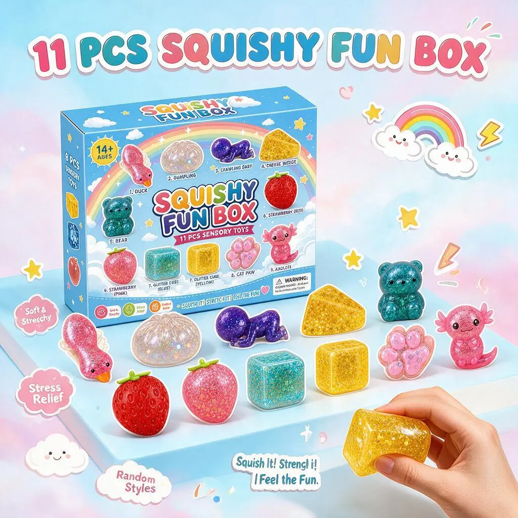 11 Pcs Squishy Fun Box, Cute Sensory Fidget Toys Set with Assorted Squishy Toys, Soft Squeeze Stress Relief Fidget Toys, Fun Gift Set for Teens & Adults, 14+ backtoschool