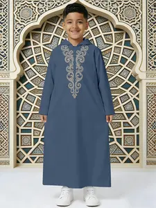 Boys' Blue Hooded Thobe with Elegant Beige Scroll Embroidery - Kids Islamic Modest Jubba for Ramadan & Eid