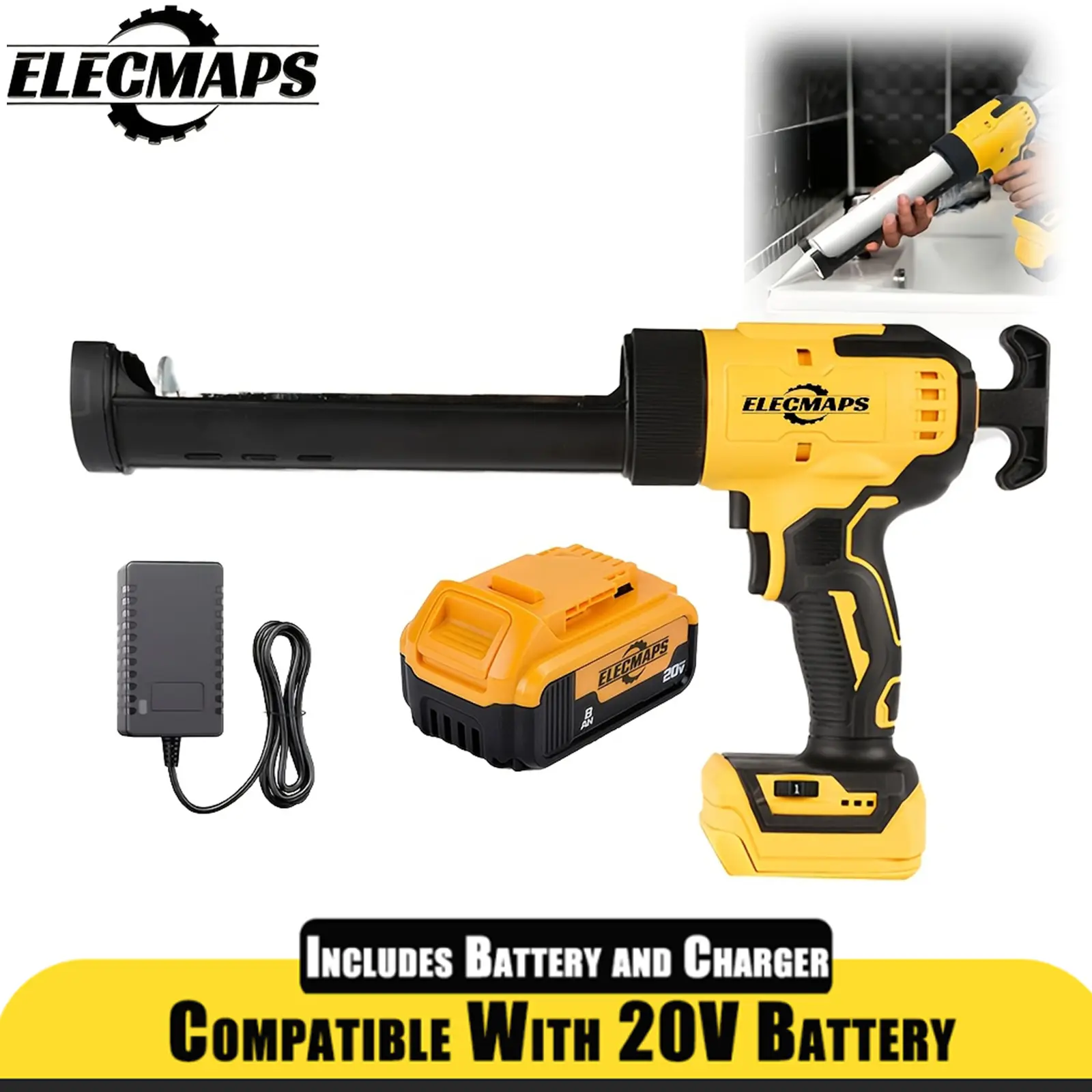 ELECMAPS 20V Cordless Caulking Gun - 10oz/300ml Capacity, 4-Speed Control, 20V Battery Compatible, Ideal for Home Improvement, Construction Projects, Compatible With 20V Battery, Diy Enthusiasts