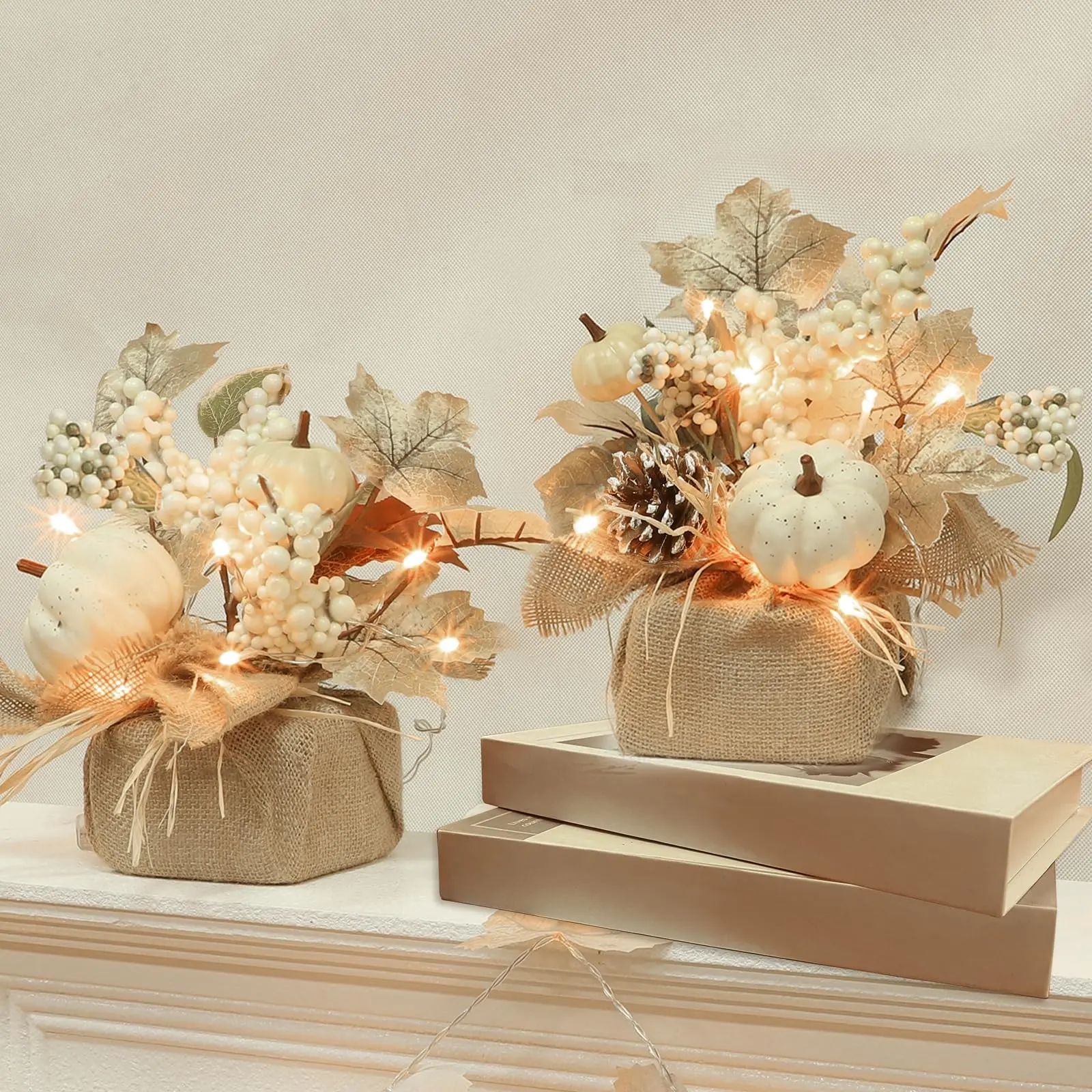 2 Pack 11 Inch Fall Decor Tabletop Trees Centerpieces, with Battery Operated Lights on Timer, Neutral White Maple Leaves with Pumpkins Pinecones Berries, for Dining Table Mantel Autumn Thanksgiving Centerpiece