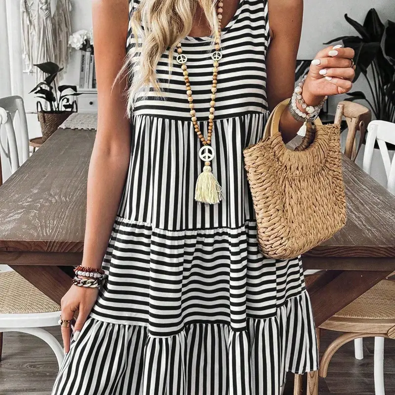 Women's Striped Ruffle Hem Sleeveless Tank Dress, Boho Chic Bohemian Aesthetic Casual Dress for Summer Daily Wear, Bohemian Style Sundresses