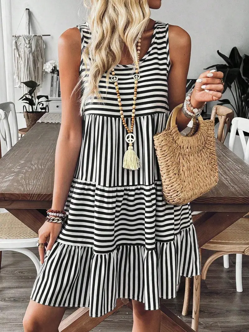 chinese dress ladies Women's Navy and Cream Striped Midi Dress- Classic Thin Striped Dress- Tcec Striped Dress Large main image 1