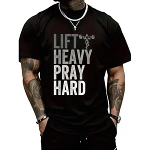 Lift Heavy Pray Hard 100% Cotton Christian Faith Gym Jesus T-Shirt For Men Casual Style Tee Casual Loose Fit