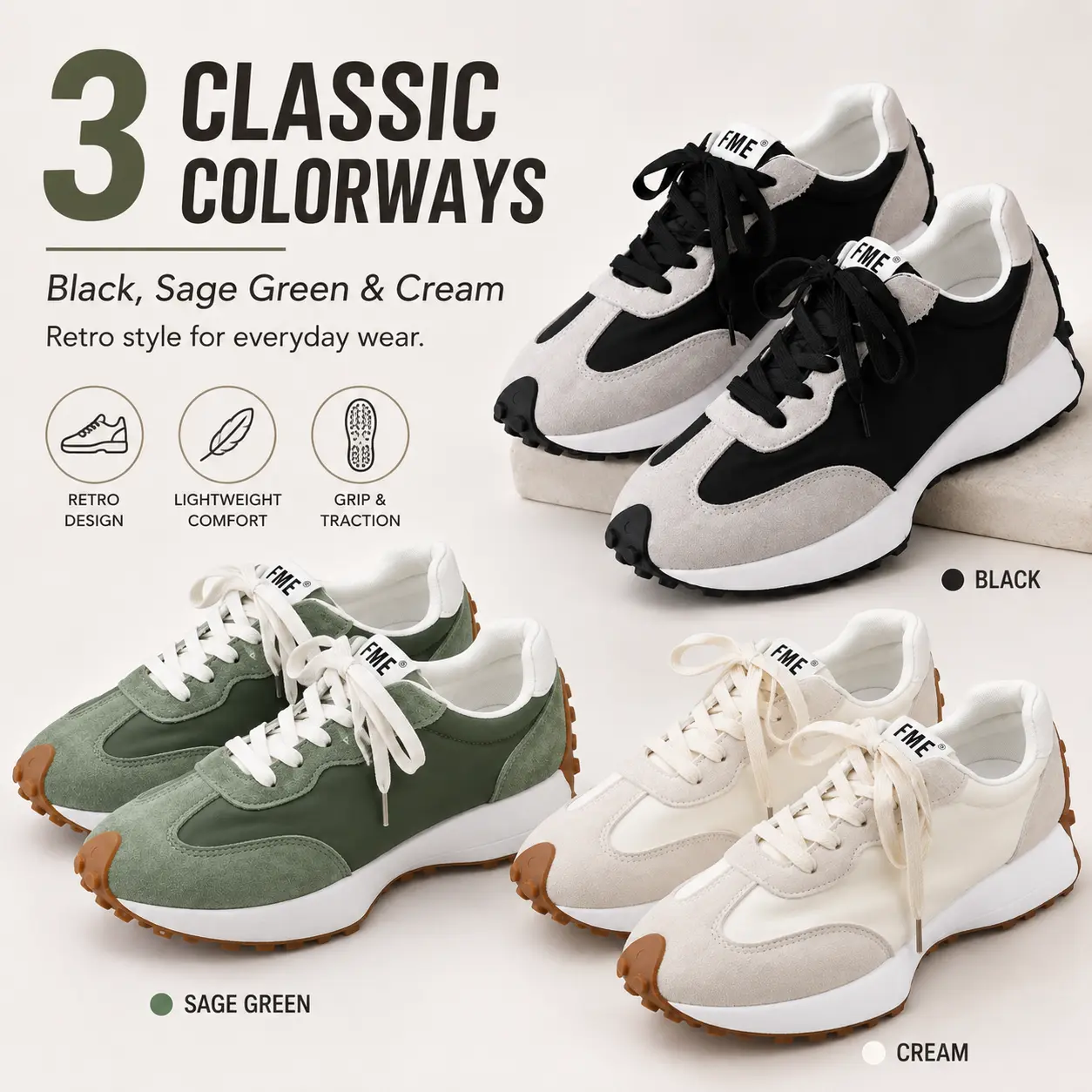 Retro Design Lightweight Comfort Grip & Traction 3 Classic Colorways Black Sage Green Cream Sneakers for Everyday Wear