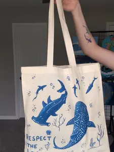 Hand-Painted "Respect the Locals" Shark Canvas Tote Bag - Aesthetic Ocean & Beach Shopper