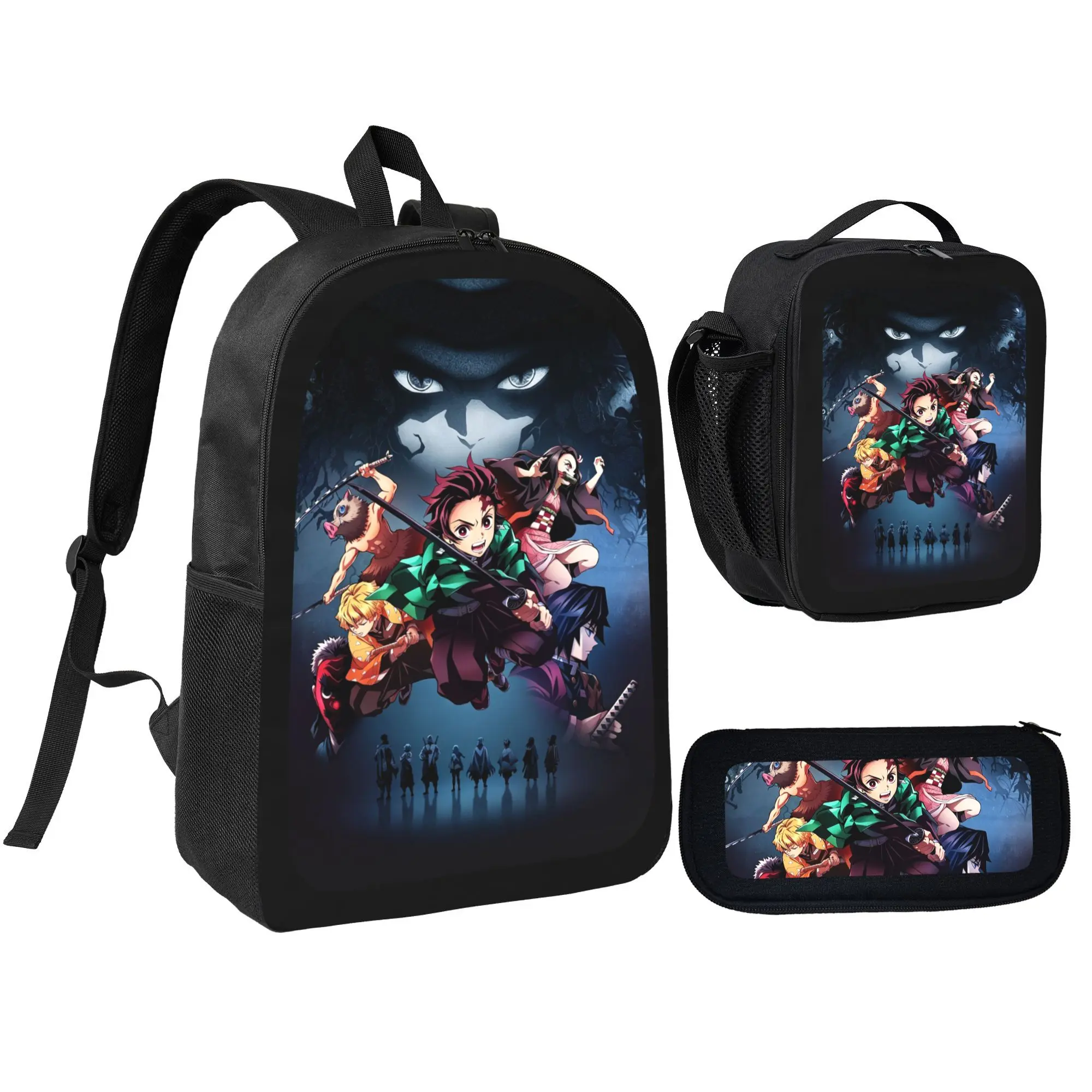 Demon Slayer Backpack Set, 3 in 1 CartoonAnime Print School Backpack with Insulated Lunch Bag and Pencil Case, Lightweight Lightweight Casual Bookbag Aesthetic Anime Daypack for Boys Girls Teens Students School Outdoor Travel
