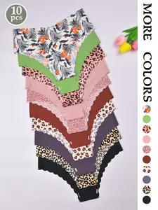 10 Pack Leopard Floral Print Sexy Aesthetic Women's Underwear, High Stretch Fitted Comfortable Non-Irritating, Breathable Antibacterial Wave Edge Triangle Panties