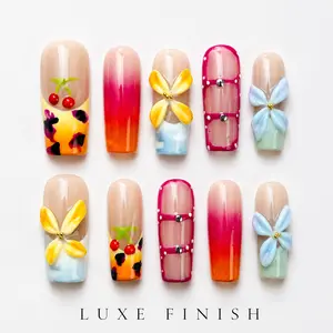 Medium Square Press-On Nails – 3D Floral & Fruit Charms, Mixed Pattern Acrylic Fake Nails, Glossy Ombre, Leopard, & Checkered Nail Set with Adhesive Tabs for Salon-Quality Manicure at Home