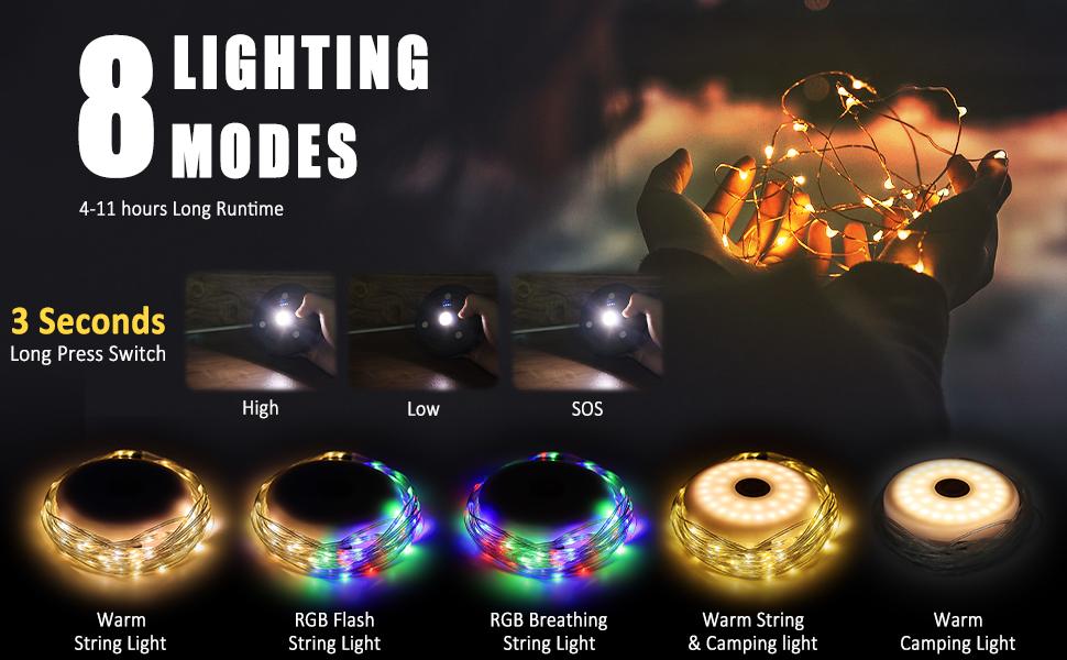 XTAUTO 4 in 1 Quick Storage LED Camping String Lights, 8 Lighting Modes Waterproof Portable Tent Lights, Outdoor Patio Garden Party Halloween Emergency Camping Essentials