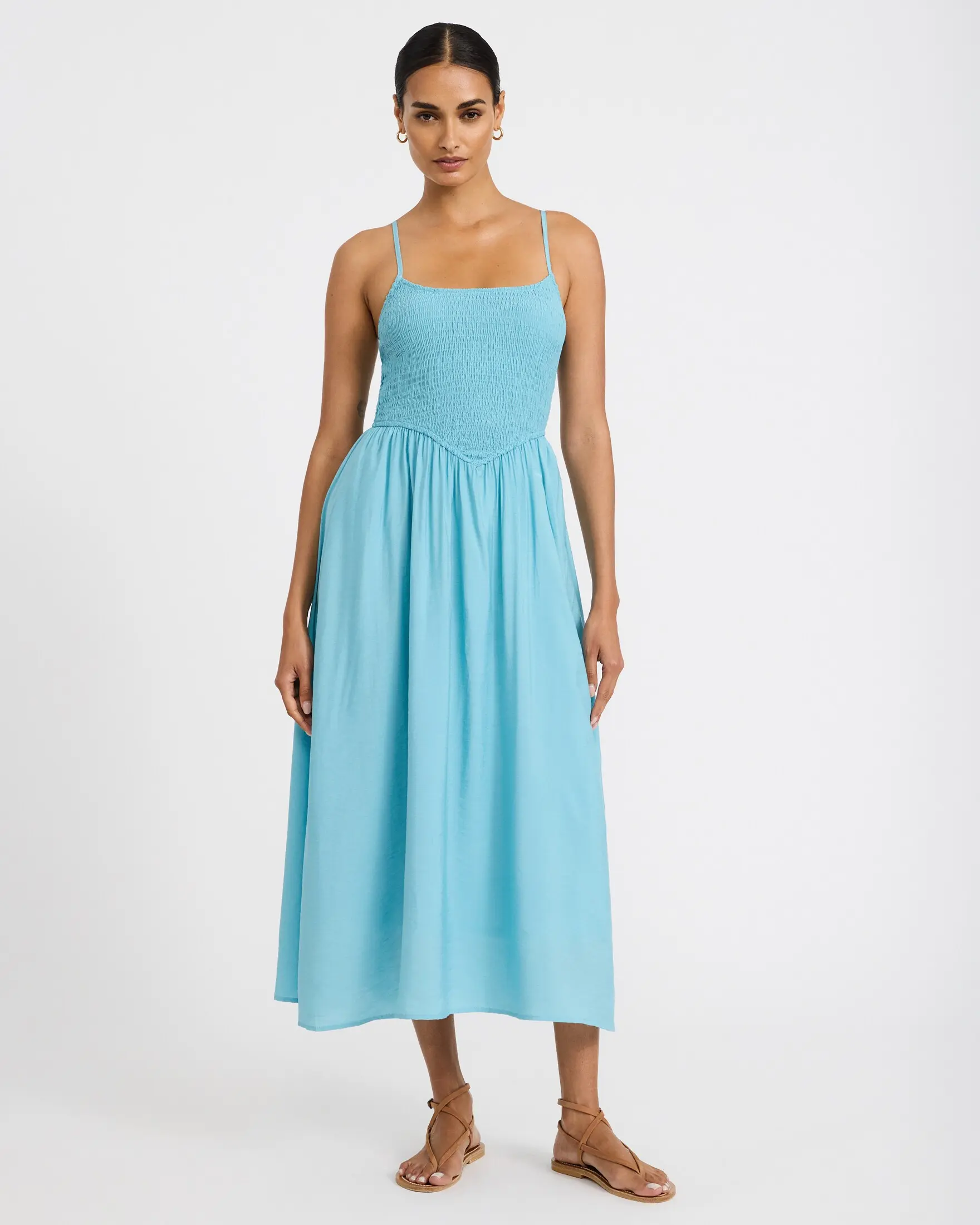 Express Square Neck Smocked Dipped Waist Maxi Dress
