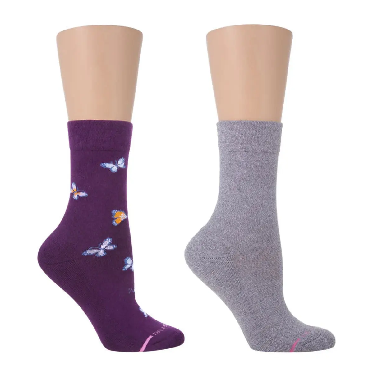 Women's Butterfly Print Diabetic Crew Socks, 2-Pack, Cotton Blend with Non-Binding Fit, Half-Cushion Sole, Moisture-Wicking, Diabetic Socks, Anti-Microbial, Comfortable, Everyday Wear, Lycra Stretch, Smooth, Spandex, Polyester, Yarn, Nylon, Printed Butter