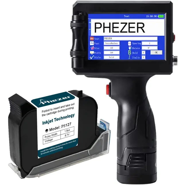 Phezer P15 Handheld Inkjet Printer for Flat Surface 0.5 Inch Nozzle for QRCode Barcode Production Date Time Logo Batch Number Print On Glass Bag Carton Box Wood Cloth Plastic Cable (25 Languages)