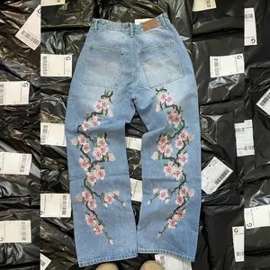 Y2K jeans Men Harajuku cherry blossom print pattern Denim Pants Hip Hop vintage men women goth Casual wide leg pants streetwear Trouser Floral