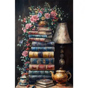1PCS Vintage Bookshelf Diamond Painting Kit with Flowers Teapot Lamp - DIY 5D Diamond Art for Home Dec