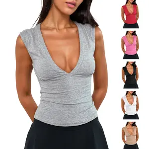 Aswulk Women's Sexy Plunge Deep V Neck Going Out Tank Top Summer Sleeveless Slim Fitted Workout Y2k Crop Tops Breathable Fabric