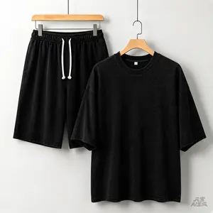 Men's 100% Cotton Vintage Washed Oversized 2-Piece Short-Sleeve Plain Round Neck Thick Tee & Shorts Set with Pockets - Grunge Streetwear Black Outfit, Casual Summer Loungewear for Men (Father's Day Gift)