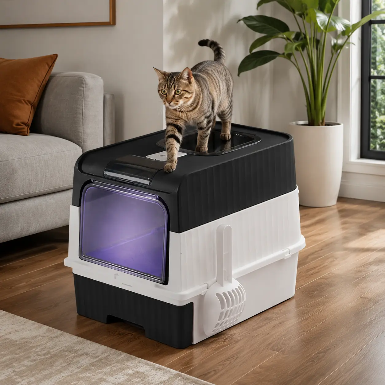 , foldable enclosed   ,    with front door and  , pull-out drawer design,  toilet with lid, easy-to-clean, splash-resistant    tray with plastic scoop dream cat litter box low dust smart sensor top entry automatic litterbox anti-urine leakage big free