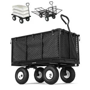 800LBS Heavy Duty Steel Garden Cart Wagon – 10" All-Terrain Pneumatic Tires – Removable Mesh Sides – 180° Rotating Handle – Outdoor Utility Yard Cart for Lawn, Gardening, Landscaping，Black