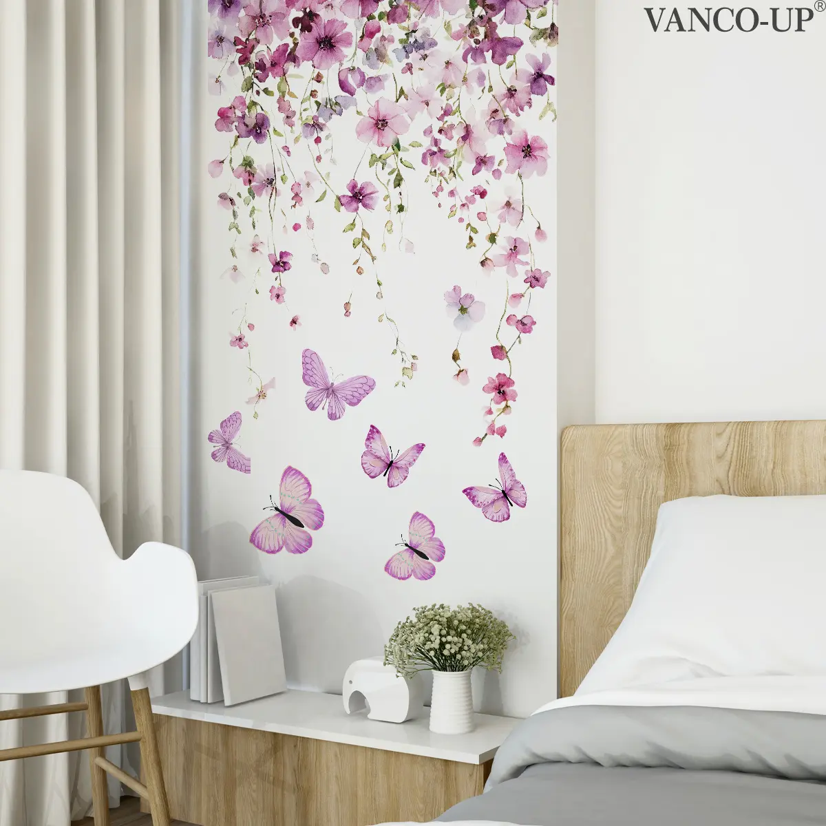 A creative pink-purple floral and butterfly spring-summer wall sticker Wall Decal for home decoration and beautification (30*40cm) Decorative Wall Sticker (M20574)