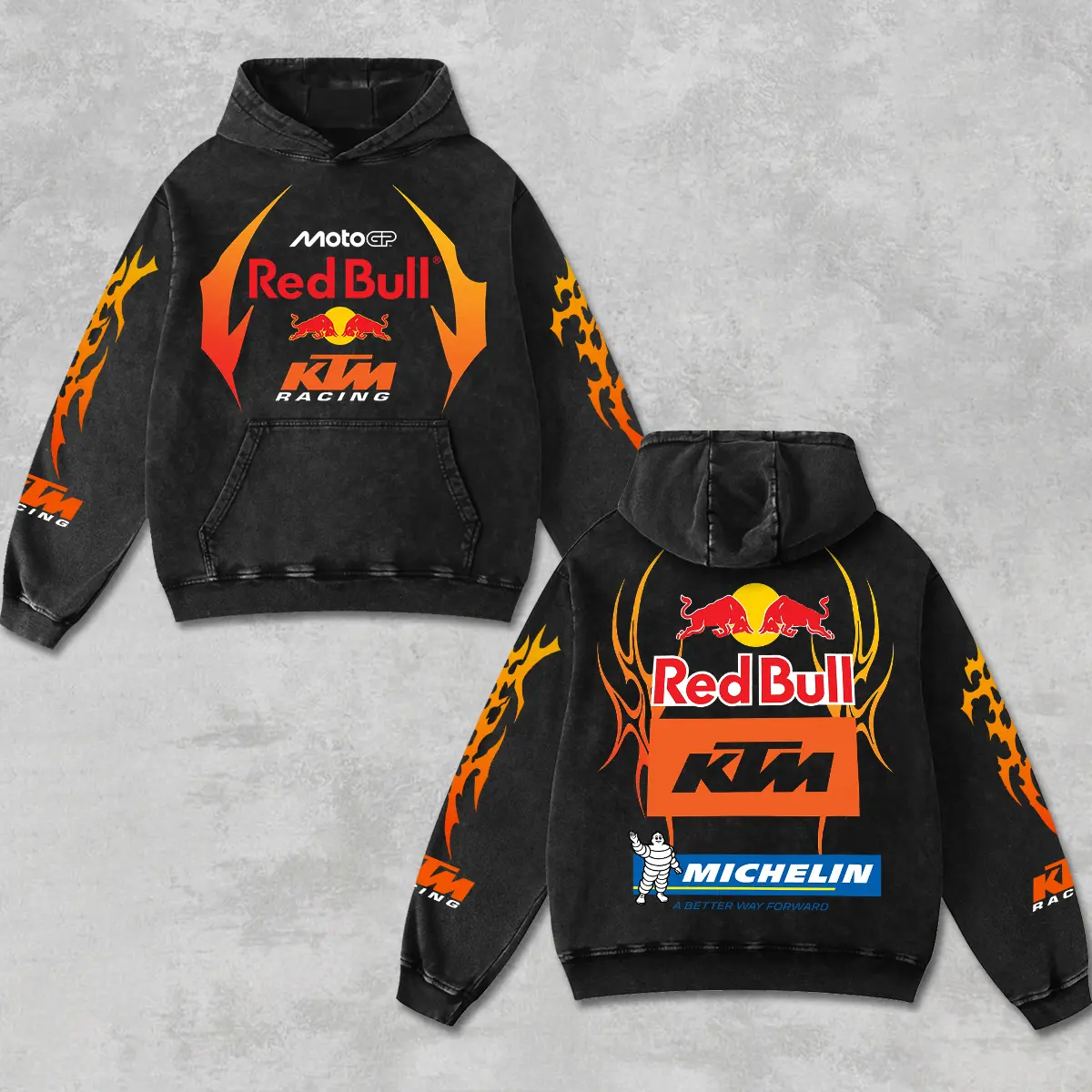 Retro Mechelin x Redbull KTM Racing Hoodie Acid Washed, MotorGP World Championship Enthusiast, Motorcycle Off-Road Dirt Bike Graphic Streetwear, Heavyweight Biker Sweatshirt, Retro Moto Gear Motorbike Apparel Men’s Grunge Y2K Racing Jacket Style