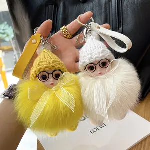 Cute Big Eyed Doll Pompom Fur Bag Ring for Women & Kids Yellow & White Keychains Ideal Gift for Girls and Kids Adds Charm to Any Bag birthday fun portable