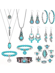 Bohemian Turquoise Jewelry Set for Women Western Jewelry Vintage Turquoise Pendant Necklace Bead Bracelet Leather Cuff Bracelet Dangle Earrings Knuckle Rings Boho Jewelry