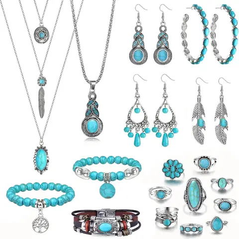 Bohemian Turquoise Jewelry Set for Women Western Jewelry Vintage Turquoise Pendant Necklace Bead Bracelet Leather Cuff Bracelet Dangle Earrings Knuckle Rings Boho Jewelry